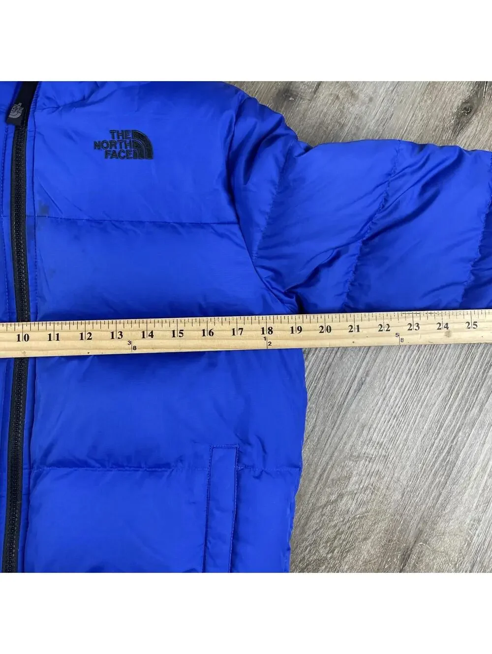 Y2K The North Face Down Sherpa Lined Puffer Jacket 550 Blue Hooded Boys L 14/16